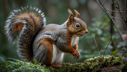 Naklejka na ściany i meble Squirrel on a Mossy Log in Lush Woods