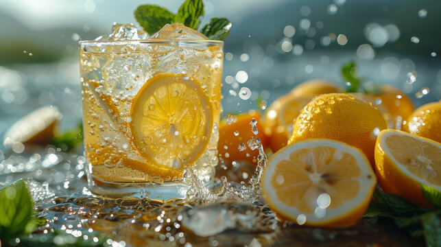  detailed photo of a glass filled with water, adorned with slices of lemons and fresh mint leaves, captured at eye-level on a clean, wooden table, with