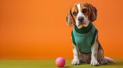 Beagle Dog Playing Golf with Pink Ball on Vibrant Orange Background