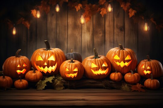 a group of pumpkins with lights on a wood surface