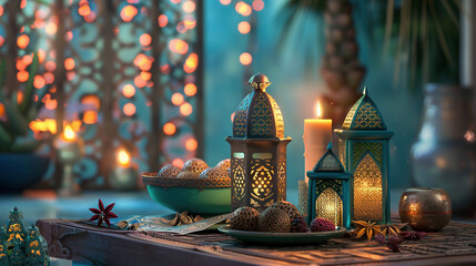 Ornamental Arabic lantern with burning candle glowing . Festive greeting card, invitation for Muslim holy month Ramadan Kareem. - obrazy, fototapety, plakaty