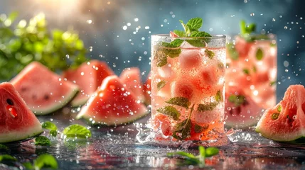 Foto op Plexiglas  Watermelon and mint in a glass, with slices nearby on the table © Nadia