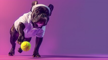 Surreal of a French Bulldog Tennis Player in Sporty Attire on Vibrant Purple Background - obrazy, fototapety, plakaty