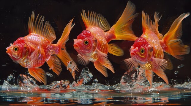  School of goldfish gliding atop aquatic expanse against dark backdrop