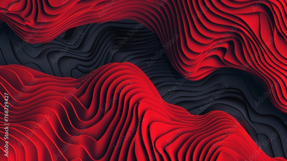 Poster an abstract image featuring a red and black gradient backdrop with wavy mountain contours, overlaid 
