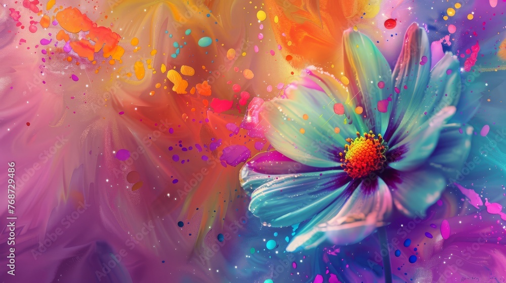Poster a macro image of a flower with paint spills on its petals and a colorful backdrop