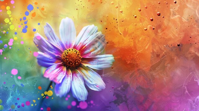  A vibrant, multicolored painting featuring a delicate flower adorned with droplets of water against a backdrop of splashed colors