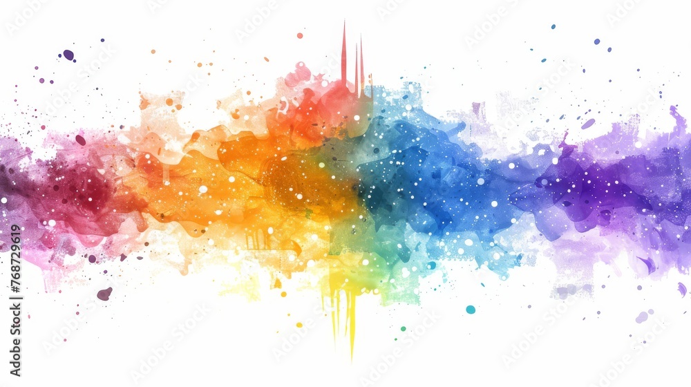 Poster  A multicolored paint-splattered background, with white spaces centered on either side of the image