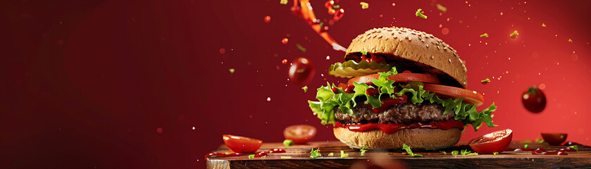 A burger bursting energetically from a rustic wooden board, along with lettuce, tomato slices, and cheese floating up, 