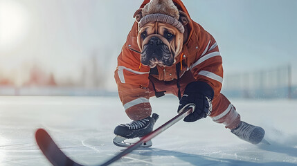Bulldog Hockey Player Gliding Gracefully on Icy Rink in Professional Studio Setting - obrazy, fototapety, plakaty