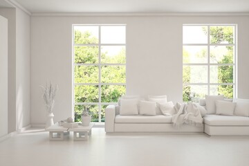 Grey living room concept with sofa and summer landscape in window. Scandinavian interior design. 3D illustration