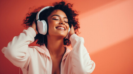 Fototapeta premium Beautiful african american woman listening music with headphones on red background