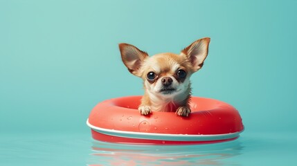 Adorable Chihuahua in Lifeguard Attire Floating in Pool on Bright Blue Background