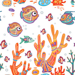 Seamless Pattern with Decorative fishes and Corals - 768730246