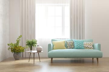 White living room with sofa. Scandinavian interior design. 3D illustration
