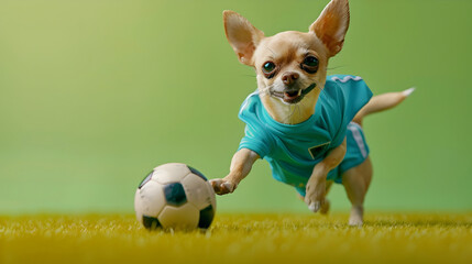 Lively Chihuahua Soccer Player in Action on Vibrant Green Field