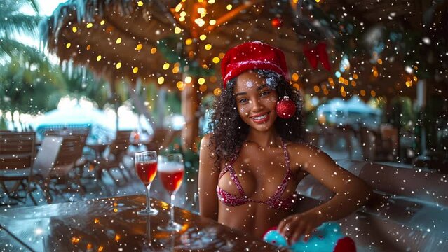 Black young woman close-up.  Black woman wearing a red Christmas hat. Golden skin. A smile. A positive body. Generative AI.