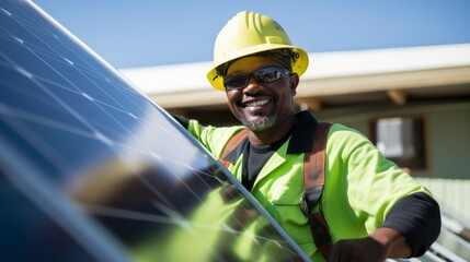 Portrait of a smiling male engineer standing in front of solar panels