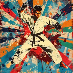 Fototapeta premium Karate kid figure in white kimono with black belt posing in a fighting stance, splashes and stars decor on background, japan comic style