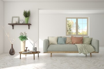 White living room with sofa. Scandinavian interior design. 3D illustration