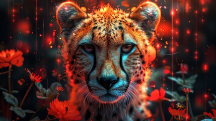  A close-up of a cheetah's face on a black background with red and orange flowers in the foreground
