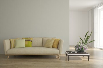White living room with sofa. Scandinavian interior design. 3D illustration