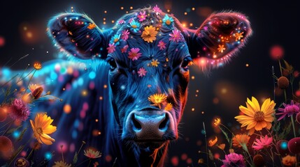  A portrait of a bovine adorned with a floral circlet amidst an expanse of untamed blossoms