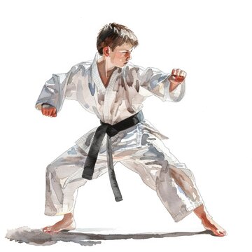 Karate kid in white kimono with black belt posing in a fighting stance, white background, watercolor paintings