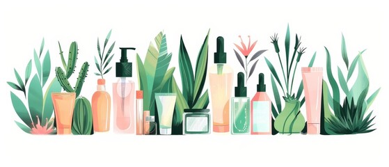 The top view of organic cosmetics on a white background. Glass bottles and metal tubes with aloe plants and flowers - obrazy, fototapety, plakaty