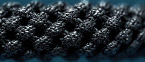 Thick black braided rope, grunge background, banner.