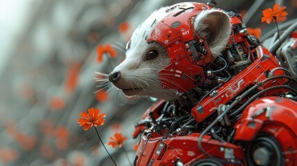  Raccoon in red robot suit, helmet & flowers against gray backdrop