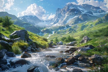 a river running through a valley with mountains and snow - obrazy, fototapety, plakaty