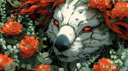  A painting of a white wolf amidst red flowers and green foliage, with a black muzzle and red eyes