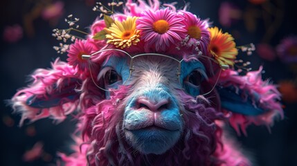  A sheep in glasses with flowers on its head and a crown