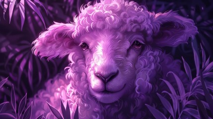  A close-up of a sheep in a field, with purple light filtering through its ears