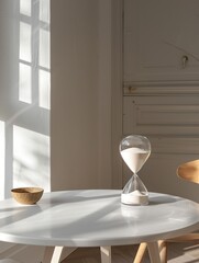 Hourglass on Clean White Surface in Minimal Setting, Sunlight Streaming Through Window. Time Flow Concept