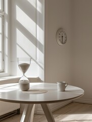 Hourglass on White Table in Bright, Simple Setting. Passage of Time Idea