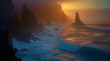 The image captures the moment twilight descends on the sea, with coastal cliffs standing stark...