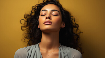 Portrait of beautiful young woman with closed eyes on yellow background .