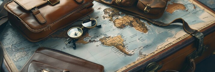Creative arrangement of travel accessories, including a world map, a vintage compass, stylish sunglasses, and a leather passport holder, laid out on a suitcase created with Generative AI Technology - obrazy, fototapety, plakaty