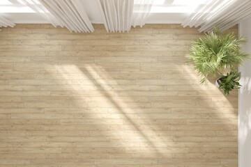 Top view of white empty room with wooden floor and green home plants. Scandinavian interior design. 3D illustration