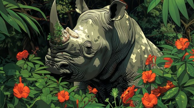  A picture of a rhino amidst jungle flora, with a bird positioned on its head