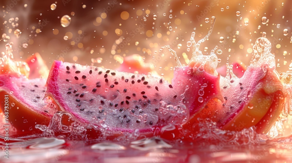Poster a macro image capturing a watermelon slice, adorned with dew drops on its surface and surrounding ar