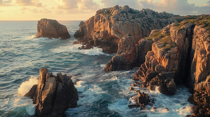 A serene morning scene unfolds as the sun rises over a rugged coastal landscape with calm sea...