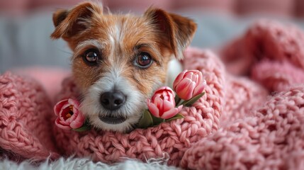  Brown-white dog lying on pink blanket with flowers in mouth, facing camera