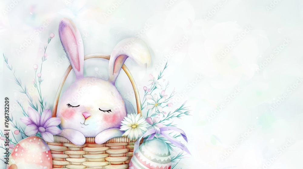 Poster a picture of a rabbit in a wicker container surrounded by a set of hard-boiled eggs and blossoms aga