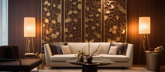 A contemporary living room featuring a comfortable couch, a stylish chair, and a sleek coffee table. The room is well-lit by a modern lamp, and a decorative partition made of bronze adds a touch of