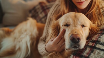A woman pets her dog in the living room. golden retriever In a warm and comfortable atmosphere light background With natural light.ai generated.