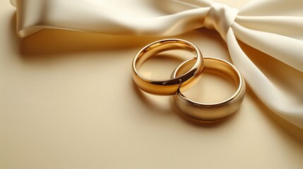  A few gold wedding bands resting atop a clean white tablecloth on a white table