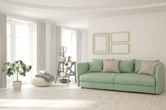Loft living room concept with sofa and brick wall. 3D illustration
